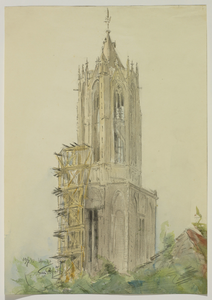 32258 Gezicht op de Domtoren te Utrecht uit het zuidoosten tijdens de restauratie van het middeldeel, uit het zuidwesten.